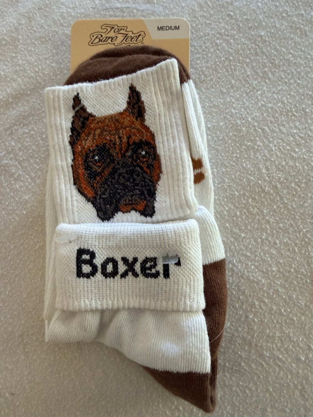 Boxer Dog Crew Socks - White & Brown